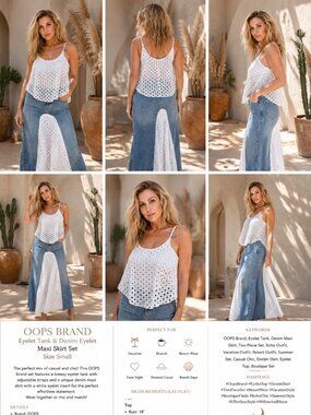 OOPS White Eyelet Tank & Denim Maxi Skirt Set Small Boho Coastal Cottagecore